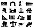 Solid icon construction and building set featuring architectural elements and engineering equipment for design projects Royalty Free Stock Photo