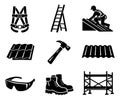 Solid icon construction and roofing set featuring safety equipment, tools, and materials for building projects Royalty Free Stock Photo