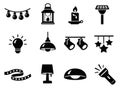 Solid icon lighting set featuring string lights, lamps, lanterns, and candles for illumination and energy concepts Royalty Free Stock Photo