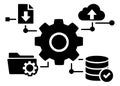 Solid icon system process set featuring a central gear connecting to document, cloud, folder, and database icons for Royalty Free Stock Photo