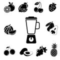 Solid icons for blender,fruits,rambutan,avocado,cherry,pineapple,rose apple,orange,grape,strawberry,lemon,watermelon,vector Royalty Free Stock Photo