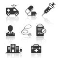 Solid icons for Hospital buildings,Stethoscope,Emergency Ambulance,Pills,Medical history,Syringe,Doctor,First aid kit,shadow,