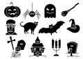 Solid icons set of Halloween,witch hat,pumpkin,ghost,witch broom,cat,bat,candle,spider,tombstone,house,zombie,Hand reaching from Royalty Free Stock Photo