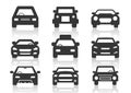 Solid icons set, transportation, Black Car front and shadow, vector illustrations