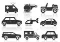 Solid icons set, transportation. Car side view. Helicopter, emergency ambulance and shadow. vector illustrations