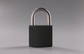 Solid metal locked padlock on grey background, thing to protect home or apartment