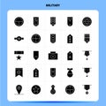 Solid 25 Military Icon set. Vector Glyph Style Design Black Icons Set. Web and Mobile Business ideas design Vector Illustration Royalty Free Stock Photo