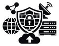 Solid network security icon set featuring a firewall shield, global network, server racks, satellite dish, and cloud data for Royalty Free Stock Photo