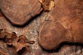 Solid oak cutting board and pine tree bark on rust metal background. Royalty Free Stock Photo