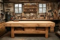 Solid oak workbench taking center stage in a vintage carpentry workshop, surrounded by tools and equipment Royalty Free Stock Photo