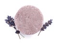 Solid shampoo bar and lavender flowers on white background, top view. Hair care