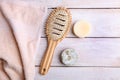 Solid shampoo and hair conditioner with comb and towel Royalty Free Stock Photo