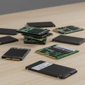 Solid-state drives (SSDs) scattered on a wooden surface. The SSDs feature compact, Royalty Free Stock Photo