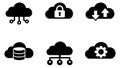 Solid style cloud computing icon set featuring security, storage, data transfer, and networking for digital services Royalty Free Stock Photo