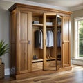Solid wood wardrobe with mirrored doors and hidden compartments Royalty Free Stock Photo
