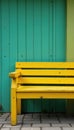 Solid yellow painted bench, weathered wood grain, country, wood Royalty Free Stock Photo