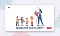 Solidarity, Charity and Philanthropy Landing Page Template. Woman Giving Toys to Orphans, Donation for Poor Children