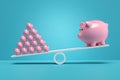 Solidarity and teamwork in business. Financial distribution and savings. Group of small piggy banks pyramid tower outweighs the Royalty Free Stock Photo