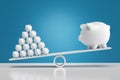 Solidarity and teamwork in business. Financial distribution and savings. Group of small piggy banks pyramid tower outweighs the Royalty Free Stock Photo