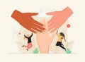 Solidarity and unity as connect multiracial people hands tiny person concept. Teamwork and social connection or bonding
