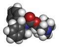 Solifenacin overactive bladder drug molecule. Atoms are represented as spheres with conventional color coding: hydrogen (white),