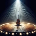 A musical instrument: acoustic guitar, sits on alone on stage ready to play, under a strong single spotlight Royalty Free Stock Photo