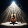 A musical instrument: acoustic guitar, sits on alone on stage ready to play, under a strong single spotlight Royalty Free Stock Photo