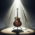 A musical instrument: acoustic guitar, sits on alone on stage ready to play, under a strong single spotlight