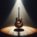 A musical instrument: acoustic guitar, sits on alone on stage ready to play, under a strong single spotlight