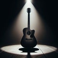 A musical instrument: acoustic guitar, sits on alone on stage ready to play, under a strong single spotlight