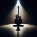 A musical instrument: acoustic guitar, sits on alone on stage ready to play, under a strong single spotlight