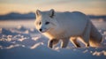 Arctic Fox Walking on Snow at Sunset with Beautiful Lighting in Winter Season Royalty Free Stock Photo