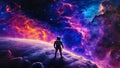 Solitary astronaut, silhouetted against the backdrop of a nebula, contemplating the vastness of the universe