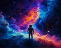 Solitary astronaut, silhouetted against the backdrop of a nebula, contemplating the vastness of the universe