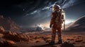 Solitary astronaut stands on Mars base, gazing at dawn, evoking themes of discovery and space exploration