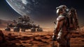 Solitary astronaut stands on Mars base, gazing at Earth, evoking themes of discovery and space exploration