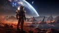 Solitary astronaut stands on Mars, gazing at Earth, evoking themes of discovery and space exploration