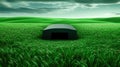 Solitary barn in lush green field under dramatic cloudy sky Royalty Free Stock Photo