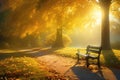 Solitary bench in autumn park with sunbeams falling through yellow trees creating soft golden mist. Generative AI illustration