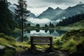 Solitary Bench Overlooking Misty Mountain Lake. Generative AI