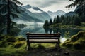 Solitary Bench Overlooking Misty Mountain Lake. Generative AI Royalty Free Stock Photo