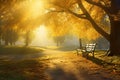Solitary bench lit by sun in beautiful autumn park with yellow trees. Generative AI illustration