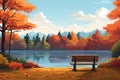 A solitary bench overlooking a lake surrounded by autumn foliage vector fall background