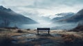 Solitary bench on a plateau, with a view over misty mountains and lake. Peaceful recreational area. Generative AI