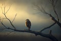 A solitary bird standing on a tree branch without leaves, looking out at the empty sky, ai