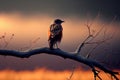 A solitary bird standing on a tree branch without leaves, looking out at the empty sky, generative ai illustration