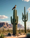 A solitary bird surveys its desert domain from a tall cactus. Royalty Free Stock Photo