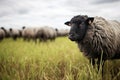 solitary black sheep amidst white flock in grassy field Royalty Free Stock Photo