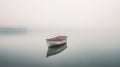 Solitary boat floating on misty lake at dawn.. Generative AI Royalty Free Stock Photo