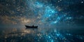 Solitary Boat Under a Celestial Sky A Serene Night Scene Royalty Free Stock Photo